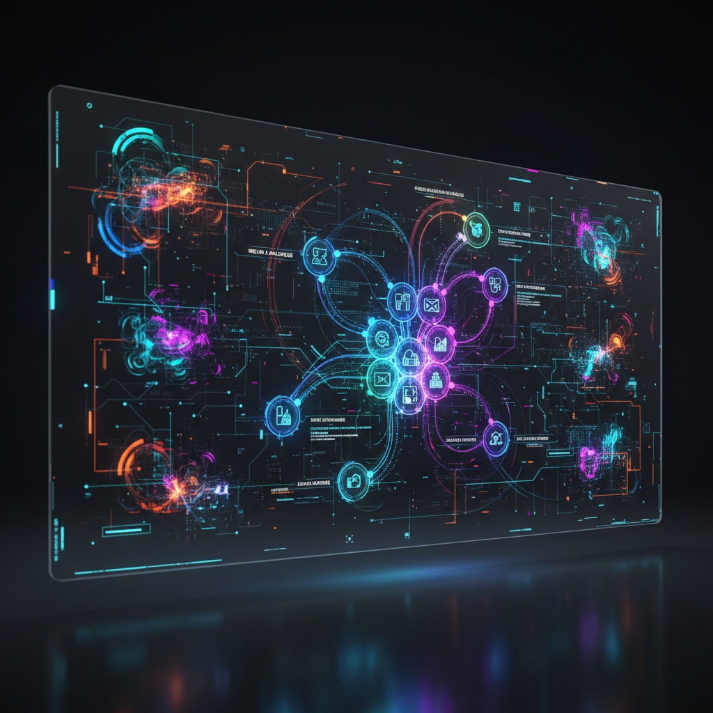 Visual representation of an AI workflow for faceless content, showing interconnected digital tools and data flow in a futuristic abstract style.