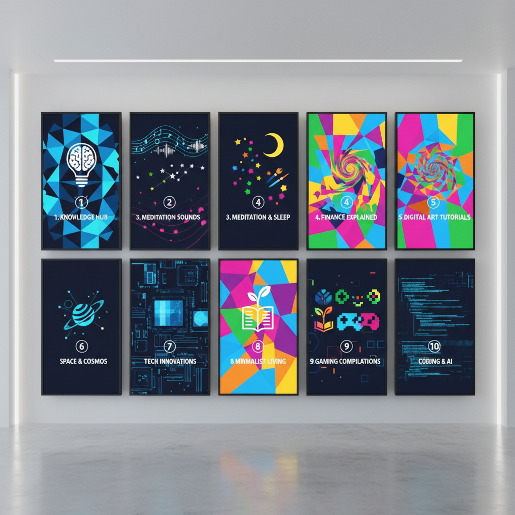 Visual representation of top 10 faceless YouTube channel ideas, showcasing diverse digital content on screens in a modern, vibrant style.