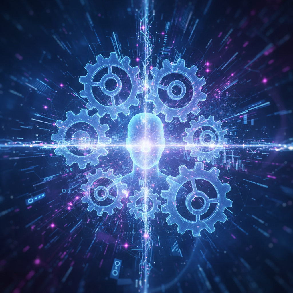 Visualizing a step-by-step guide to AI faceless content with abstract digital gears and data streams, representing workflow efficiency.