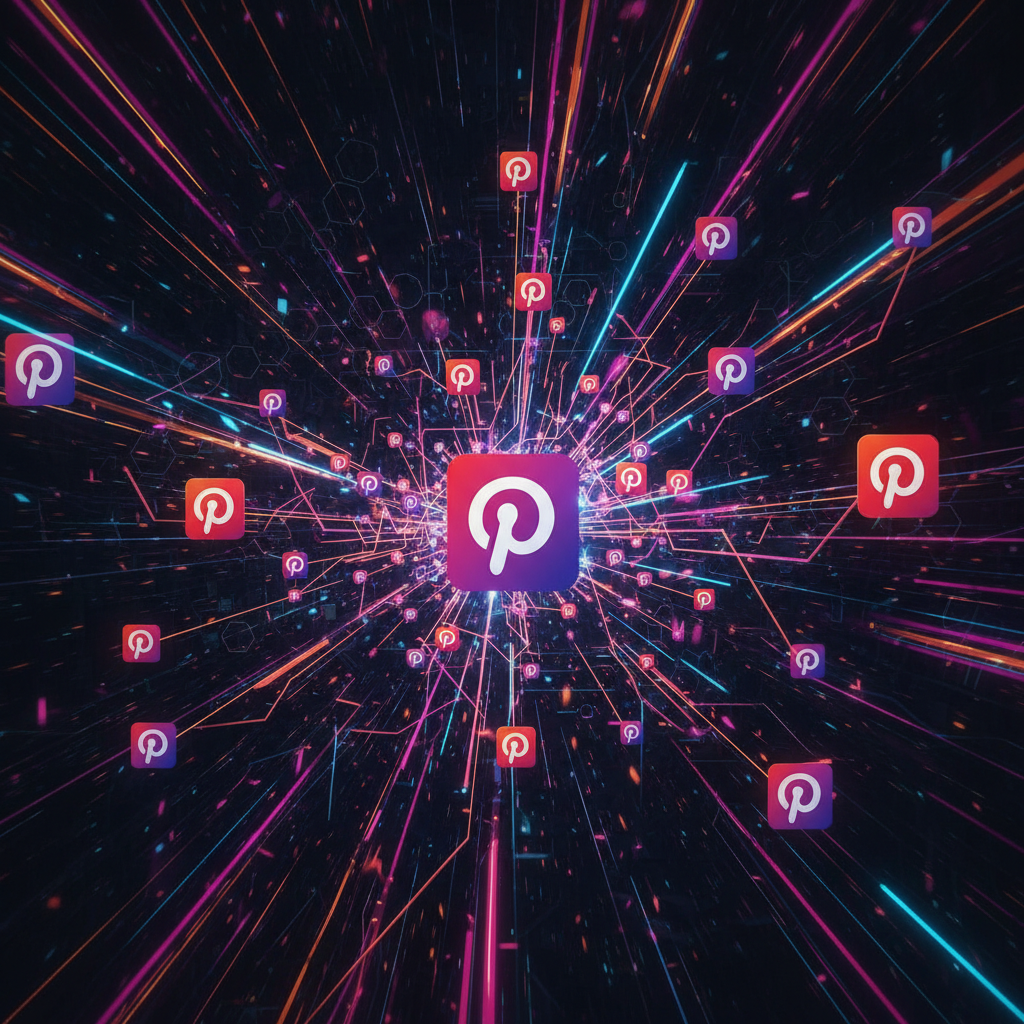 Visualizing AI automating a faceless Pinterest account with a futuristic digital network illustration, showcasing interconnected nodes and data flow. Visualizing AI automating a faceless Pinterest account with a futuristic digital network illustration, showcasing interconnected nodes and data flow.