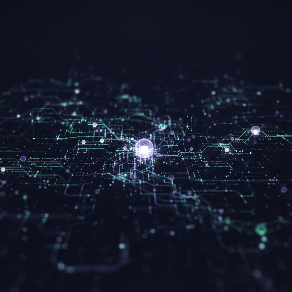 Visualizing AI content for lead generation with abstract digital connections and glowing data nodes, representing a futuristic funnel approach.