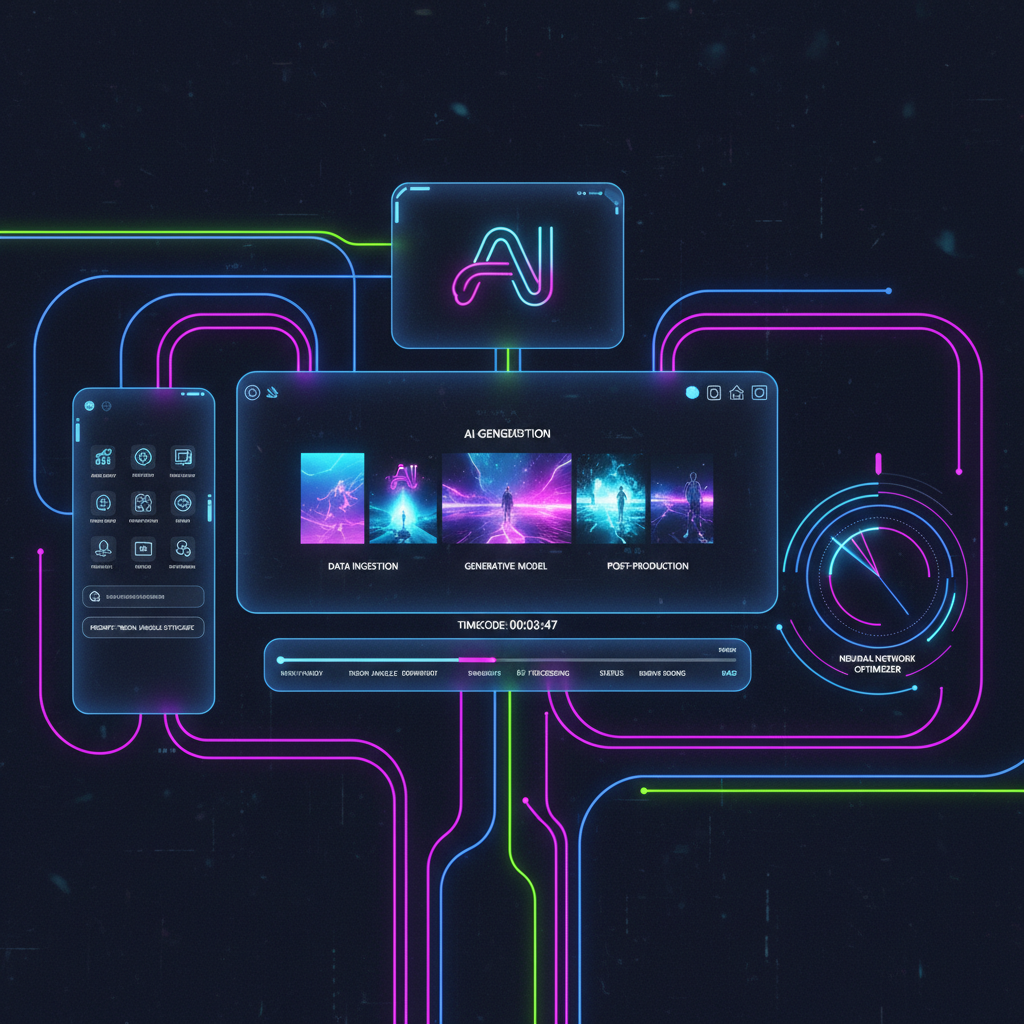 Visualizing AI faceless video production workflow on a futuristic digital interface, showcasing abstract glowing lines and neon lighting.