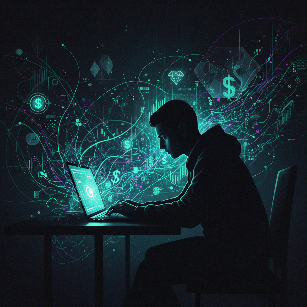 Visualizing anonymous YouTube channel niches with a person working on a laptop, representing high profit and low profile opportunities in 2026.