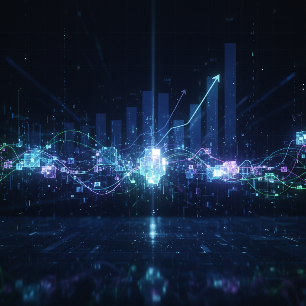 Visualizing automated social media with faceless AI content, showing abstract digital growth and network connections in a futuristic setting.