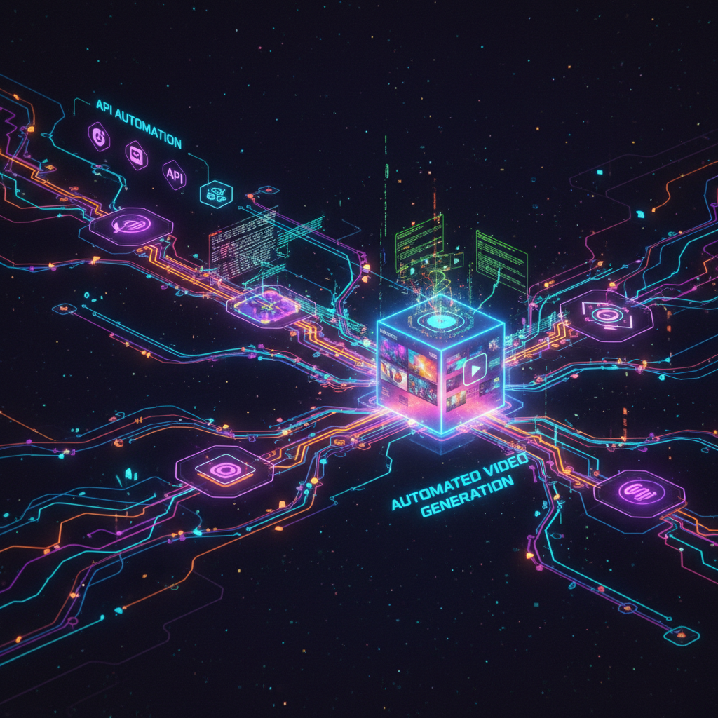 Visualizing automated video creation with APIs through a dynamic digital network of data streams and interconnected nodes, representing programmatic workflow.
