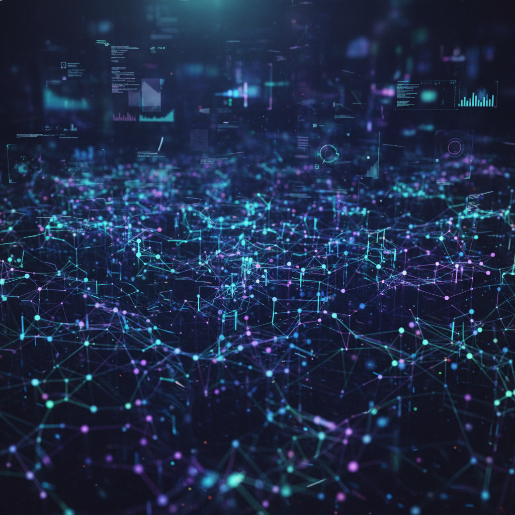 Visualizing how to build a faceless audience with AI through interconnected data nodes and futuristic digital interfaces.