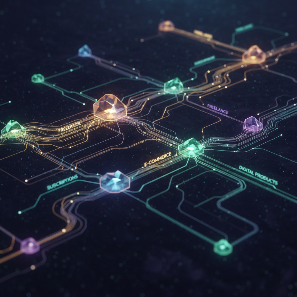 Visualizing how to monetize a faceless YouTube channel with abstract digital income streams and glowing network connections.