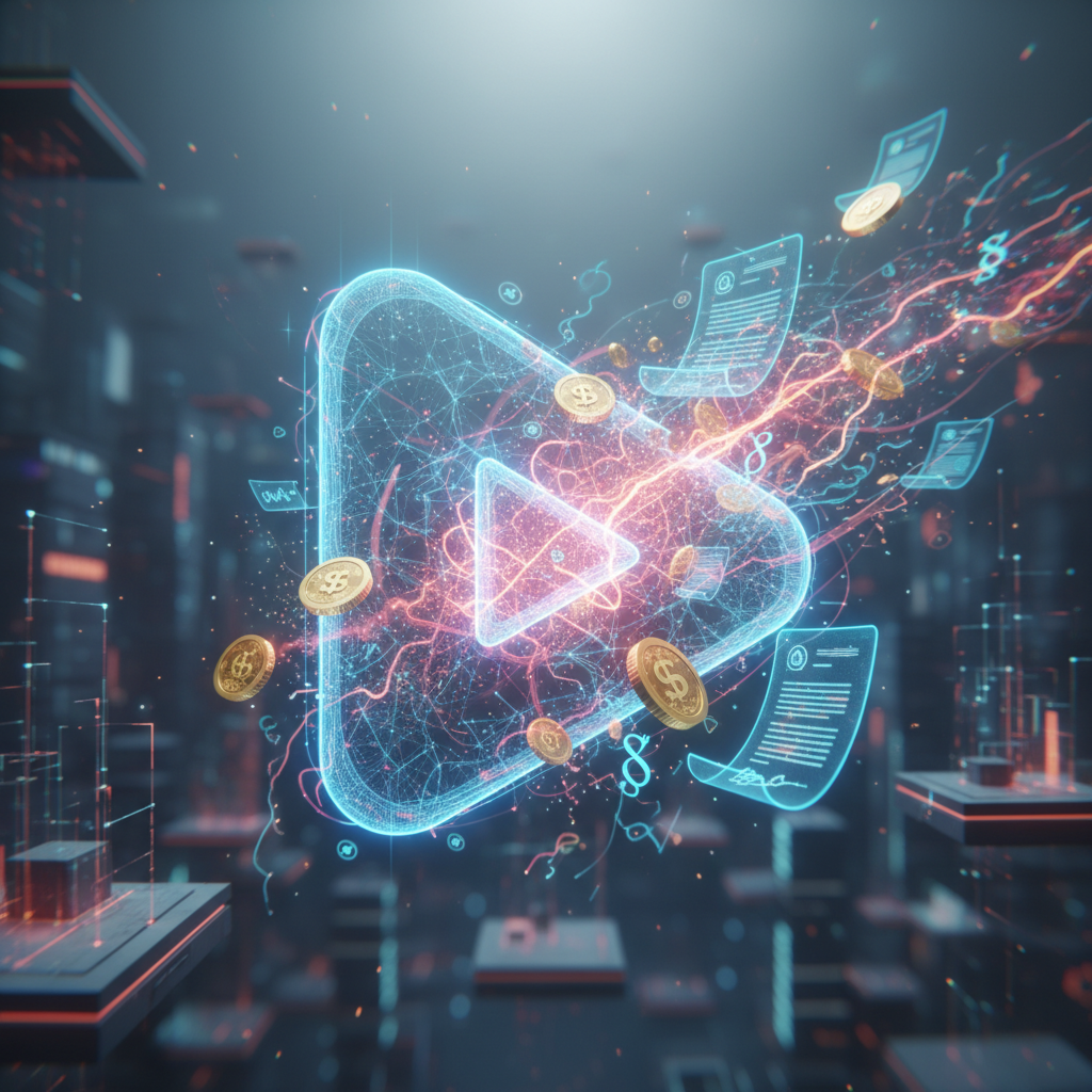 Visualizing how to monetize a faceless YouTube channel with abstract coins and legal documents, representing income and compliance.