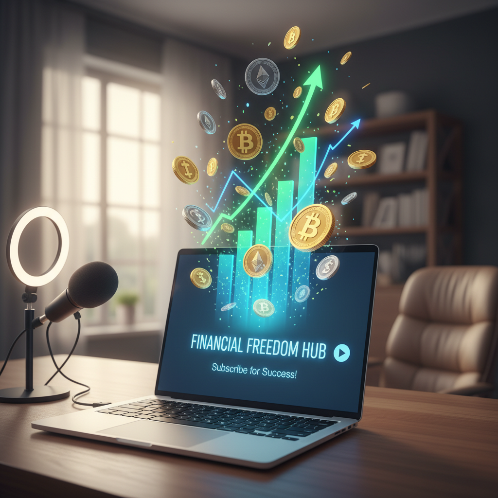 Visualizing how to monetize a faceless YouTube channel with growing digital currency and financial charts on a laptop.