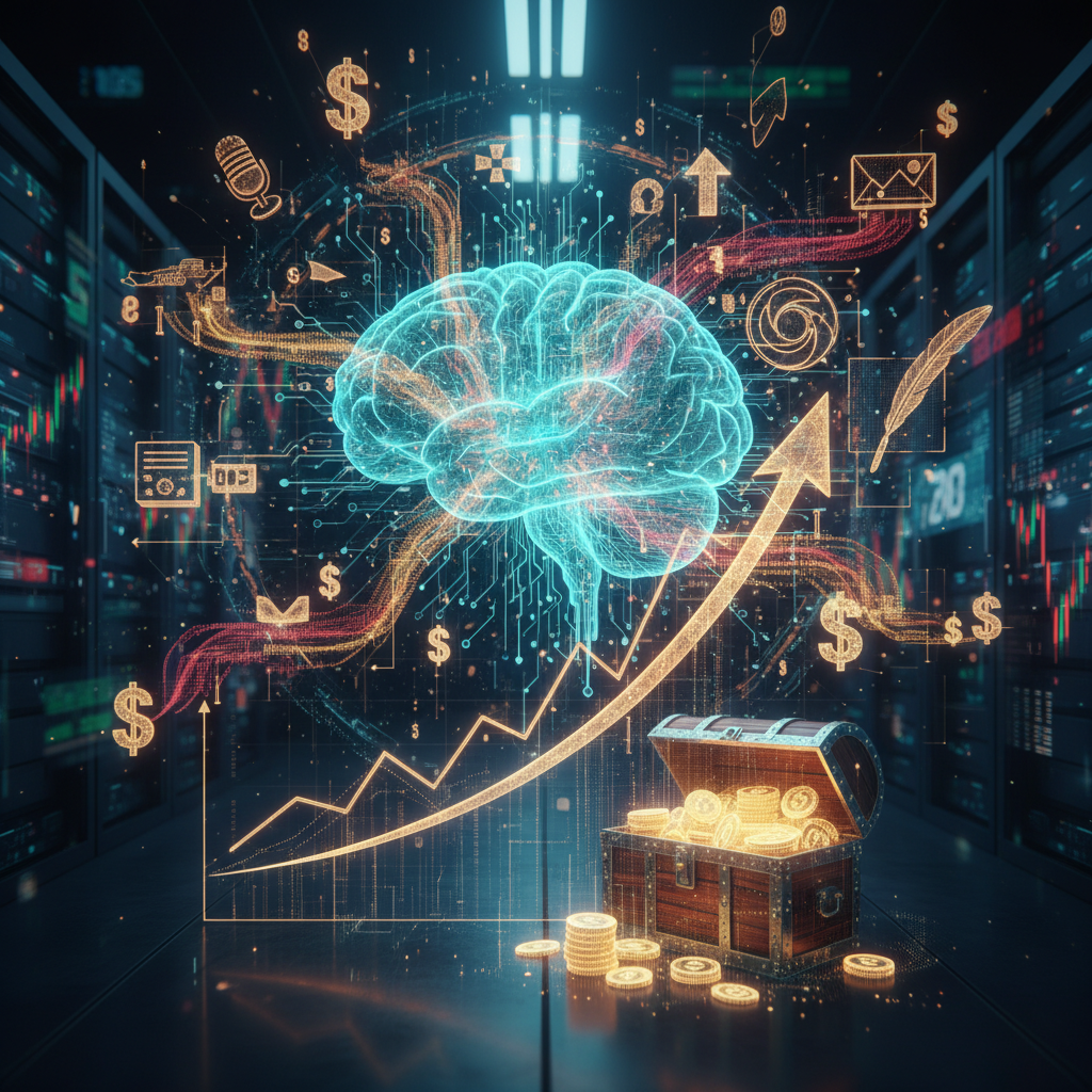 Visualizing making money with AI-generated content: data streams feeding a glowing AI brain, representing profitable digital creation. Visualizing making money with AI-generated content: data streams feeding a glowing AI brain, representing profitable digital creation.