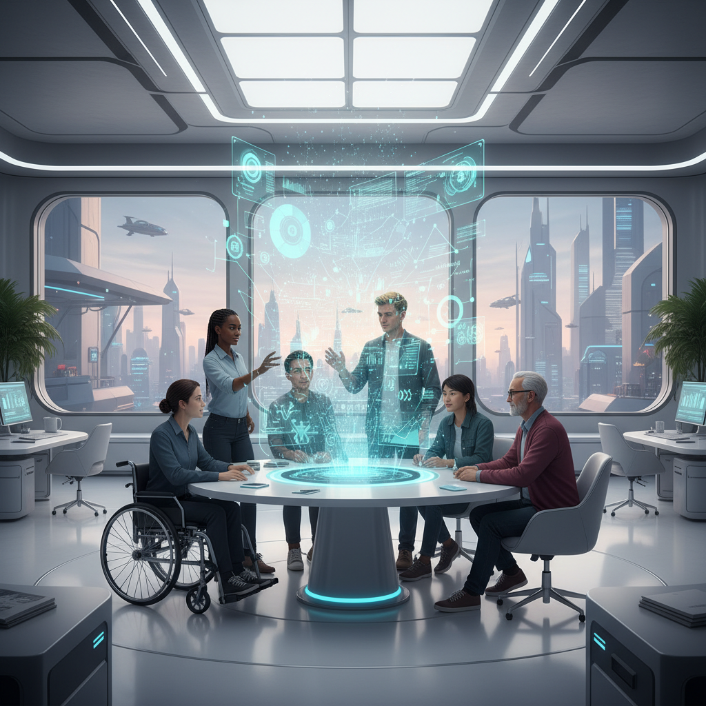 Visualizing scaling an AI content creation business with futuristic data and team collaboration in a modern office setting.