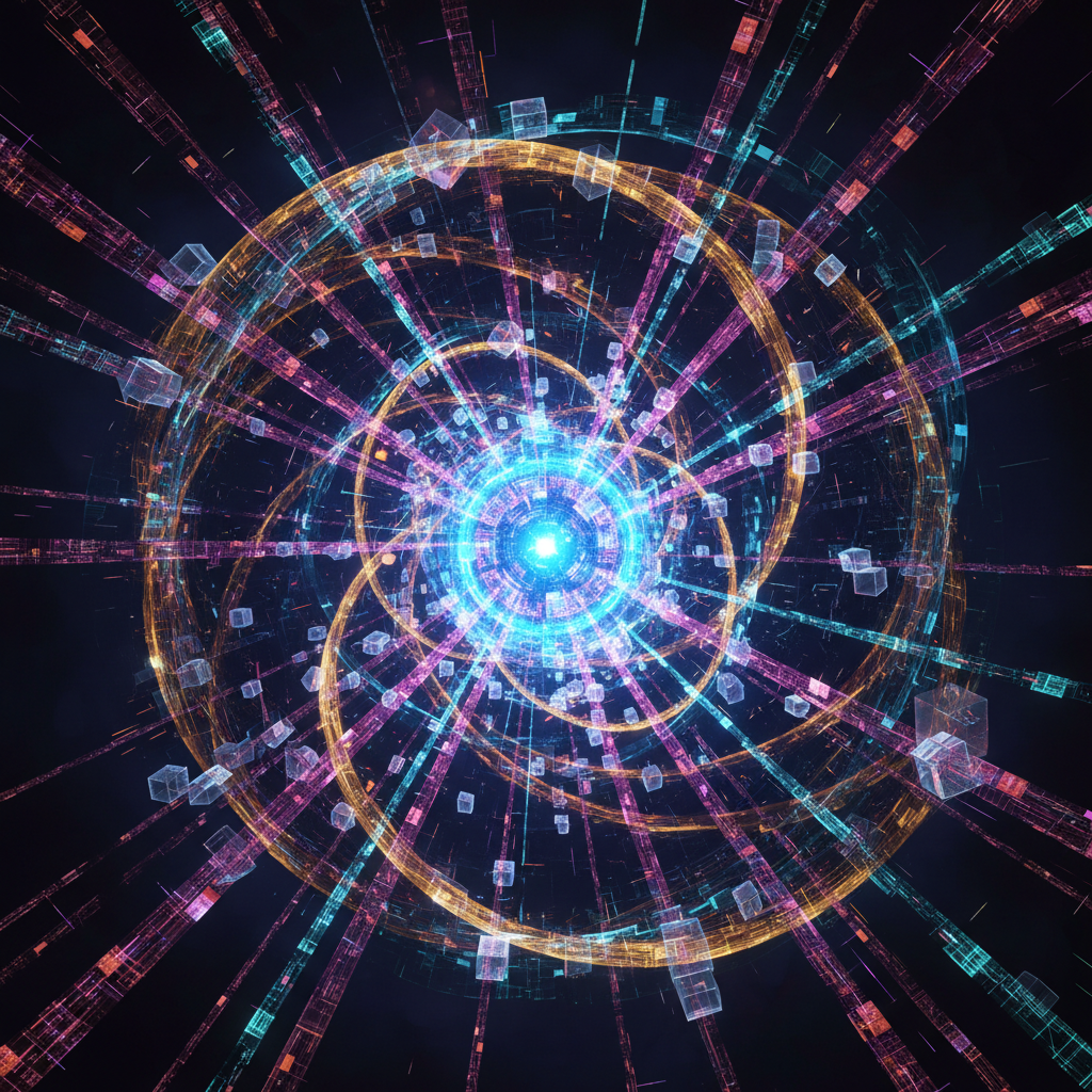 Visualizing scaling an AI content creation business with expanding data streams and a central AI core, futuristic digital art