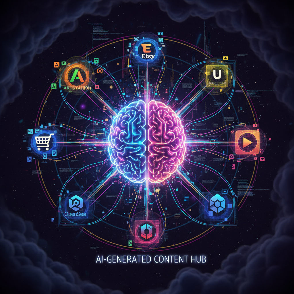 Visualizing selling AI-generated content across various online platforms, showcasing diverse digital assets and market opportunities.