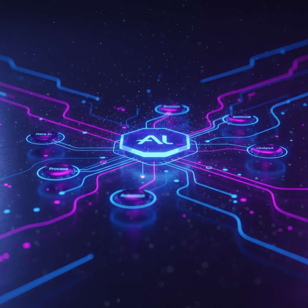 Visualizing the 4-step AI workflow for faceless YouTube automation, showing interconnected digital processes and data flow.