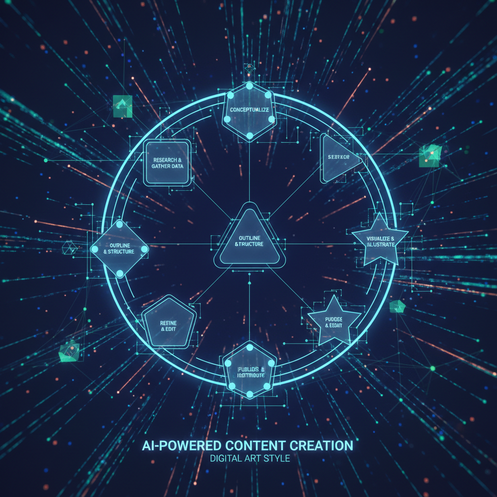 Visualizing the 7-step AI-powered content creation workflow for 2026, featuring a futuristic interface with data streams.