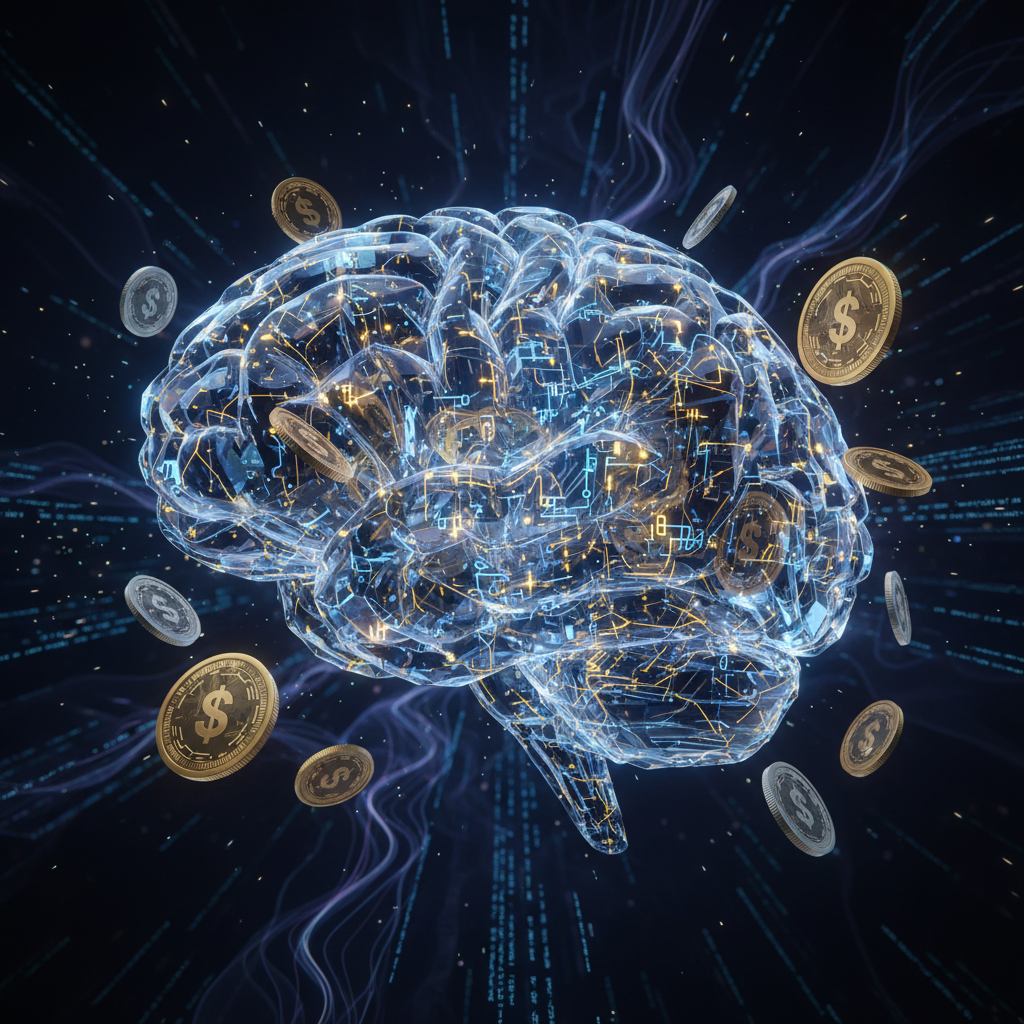 Visualizing the cost of starting a faceless AI channel in 2026 with a digital brain and currency symbols.