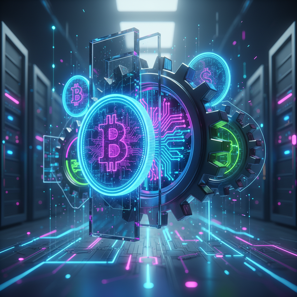 Visualizing the cost of starting a faceless AI channel with merging digital coins and AI gears, set in a futuristic, glowing environment.