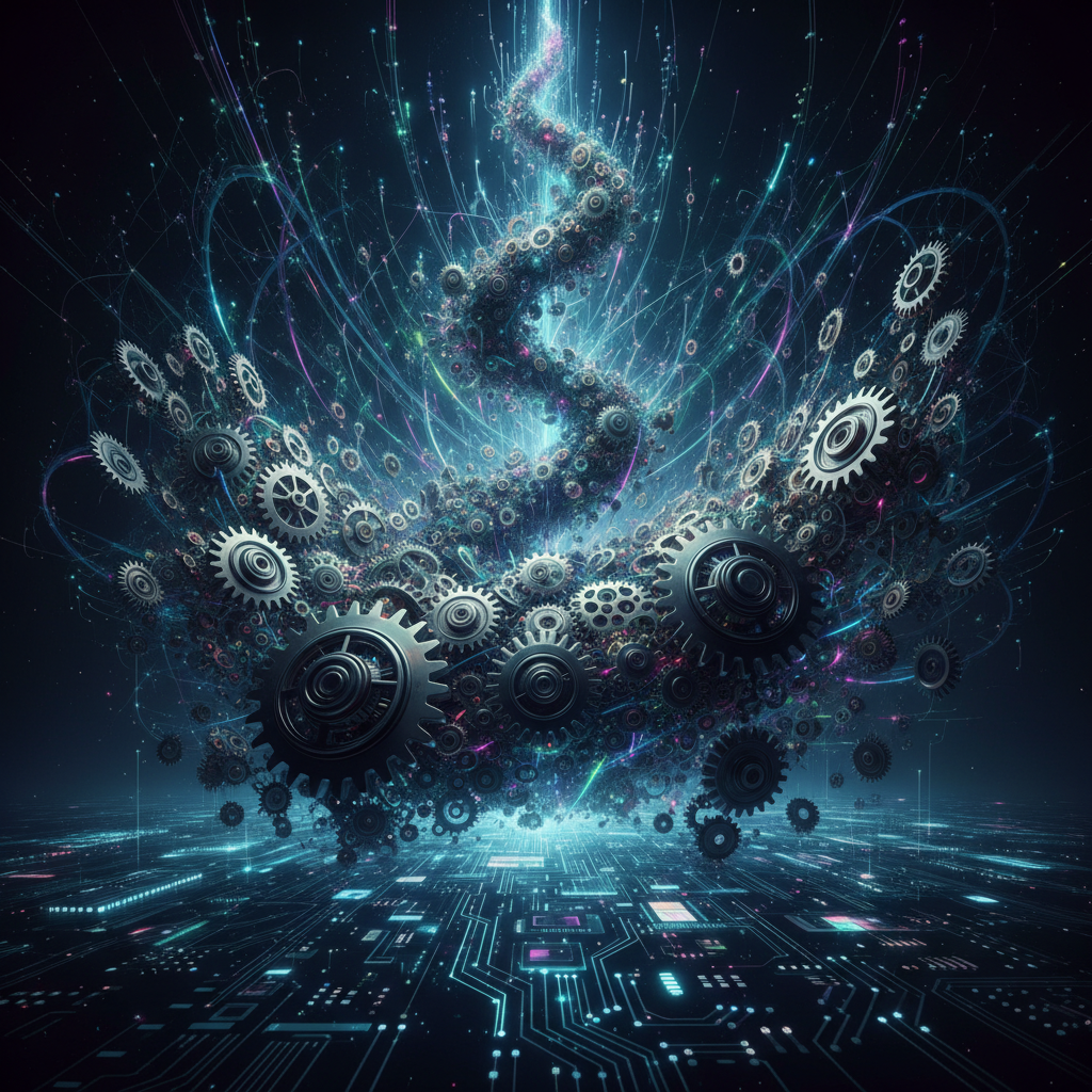 Visualizing the faceless content business model: digital gears and network lines symbolizing automated empire growth and scaling.