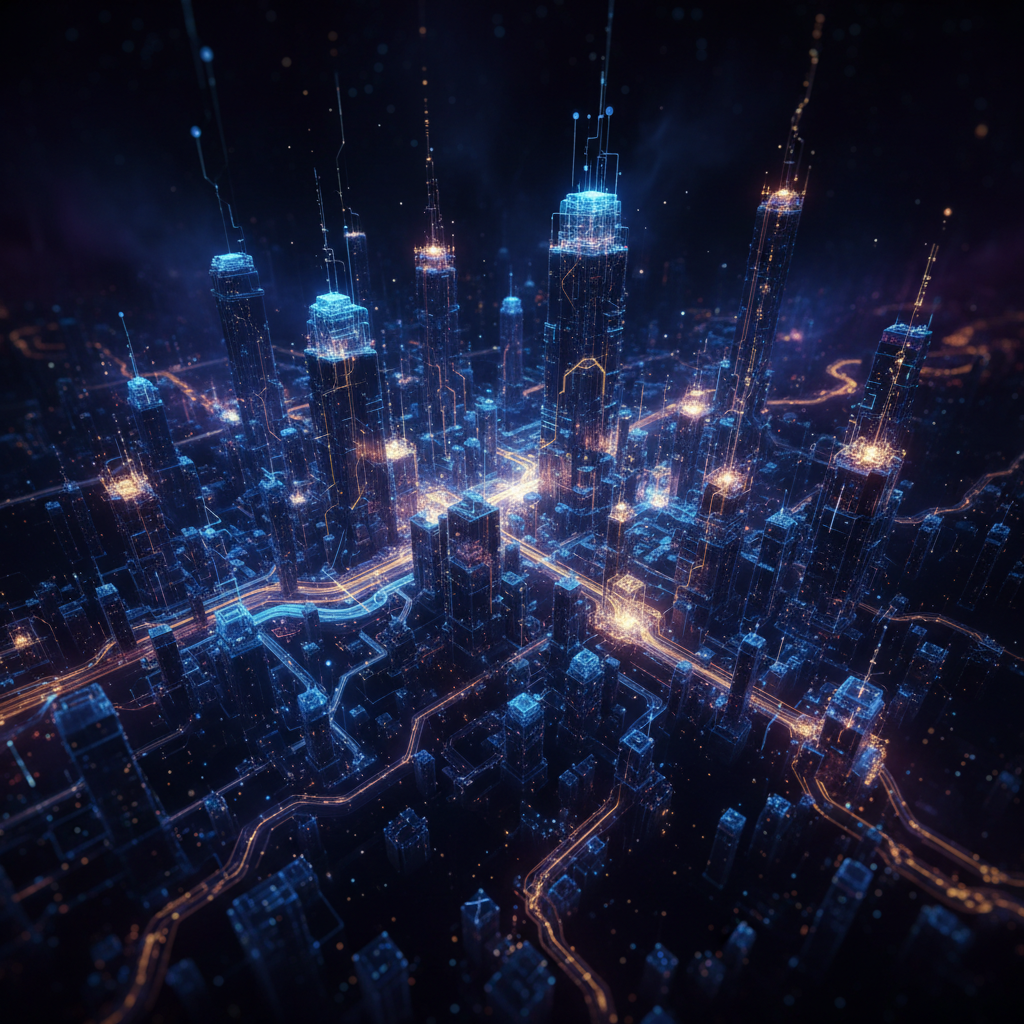 Visualizing the faceless content business model with interconnected digital nodes symbolizing automated creation and financial growth in a futuristic cityscape.