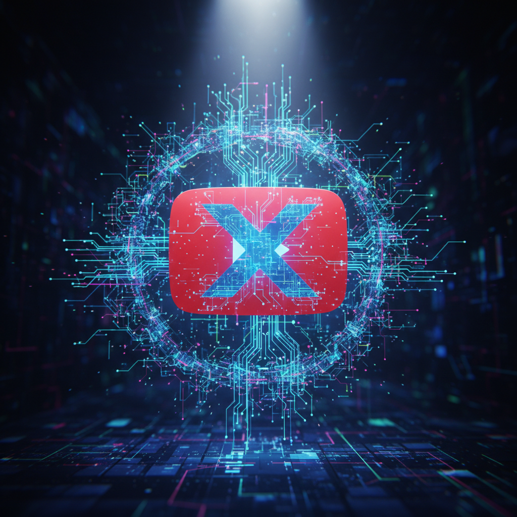YouTube logo with a red "X" indicating a ban on AI-generated channels, concept illustration.