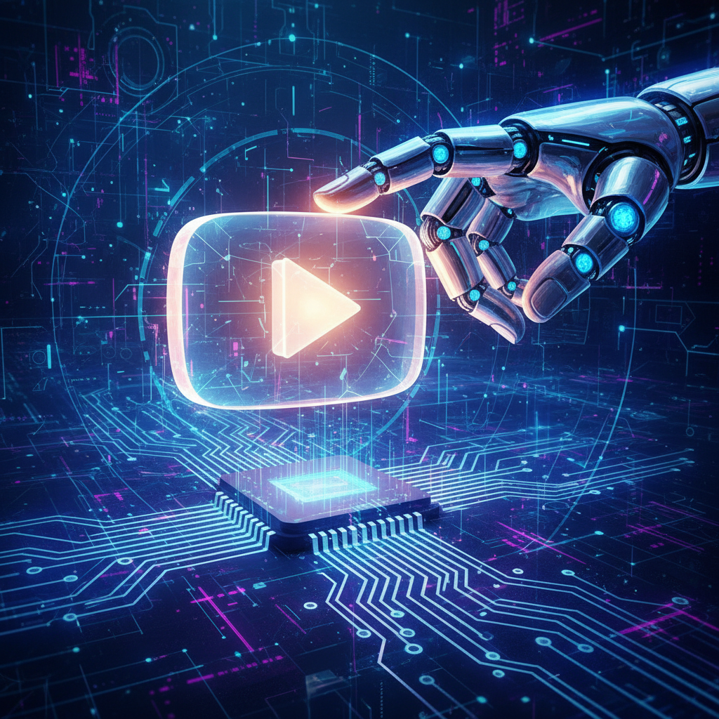 YouTube monetization for AI content illustrated with robot hand and play button, futuristic digital art on circuit board background